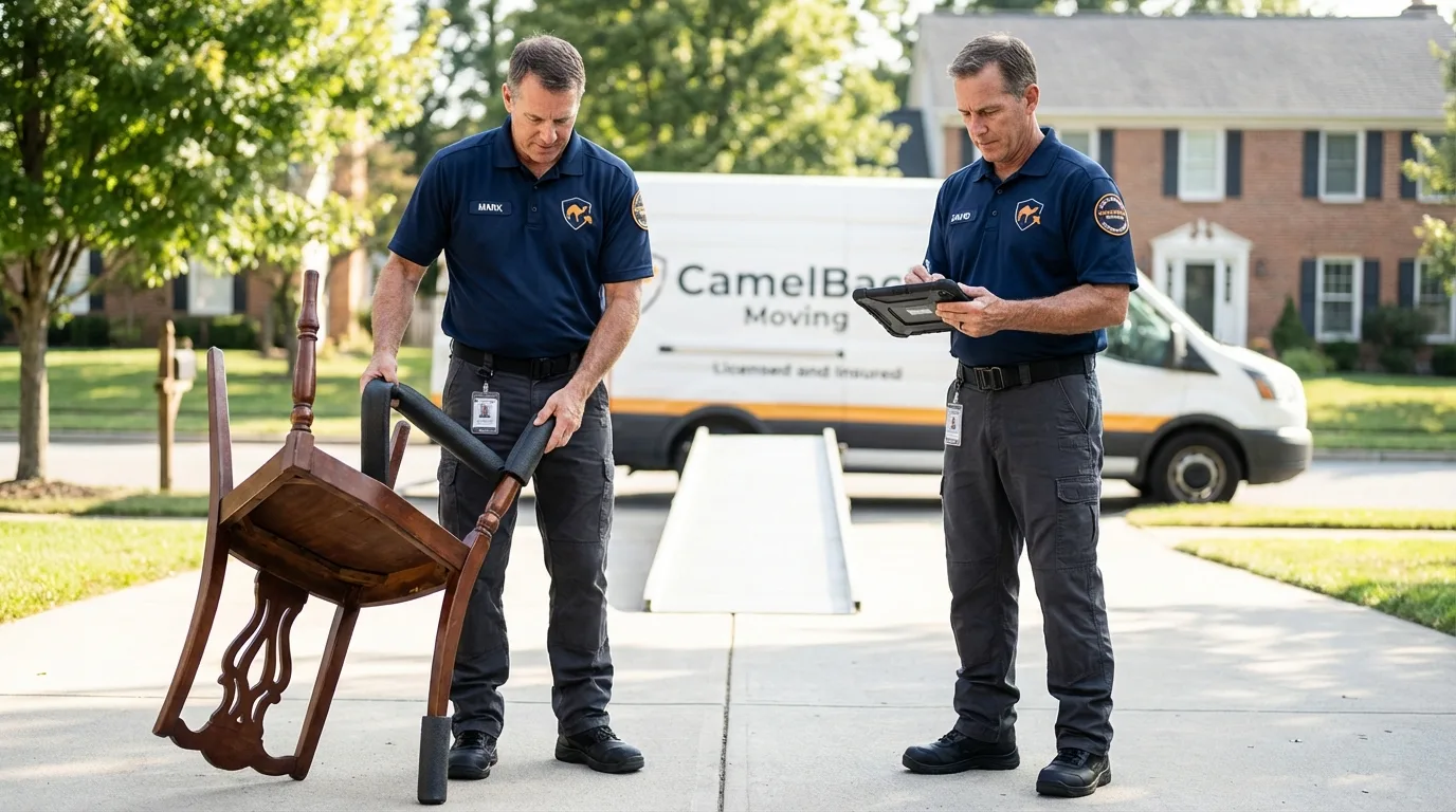 Movers inspecting furniture for damage prevention before loading in Russell Springs, KY