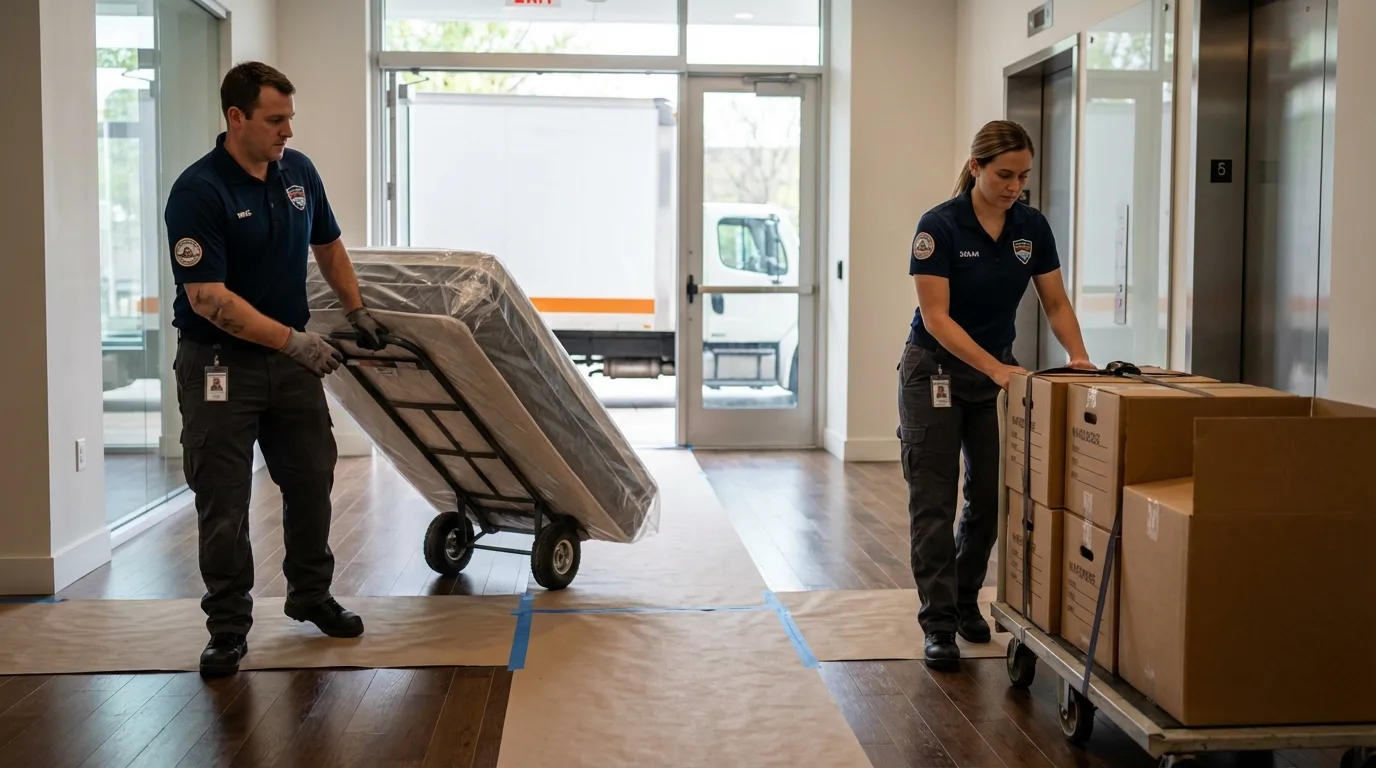 Professional apartment movers loading elevator in Russell Springs, KY