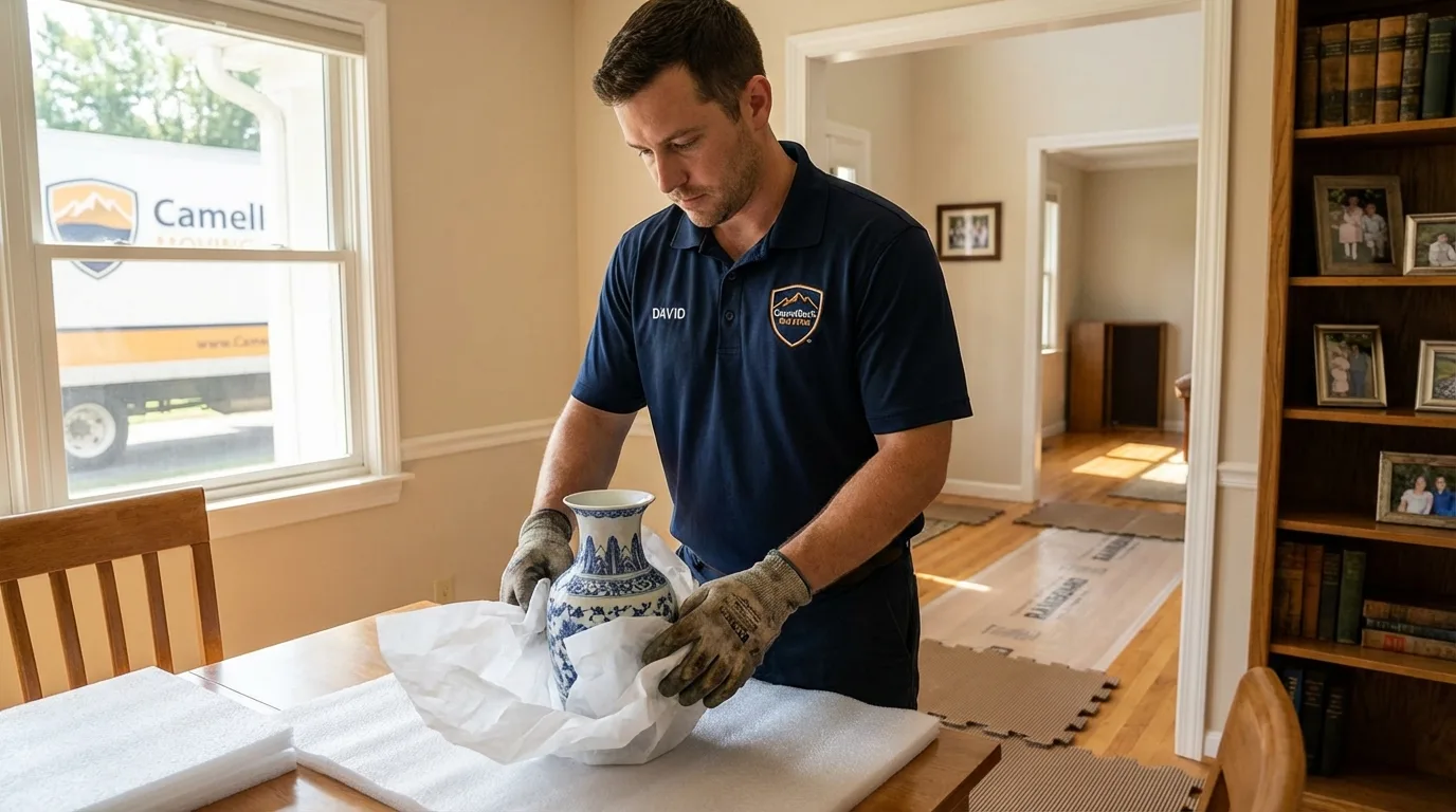 Professional crew carefully wrapping antique vase for senior downsizing move in Russell Springs, KY
